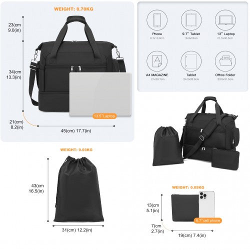 Easy Luggage EA2348 - Kono Waterproof Multi-Pocket Travel Duffel Bag Set With Dedicated Shoe Compartment - Black