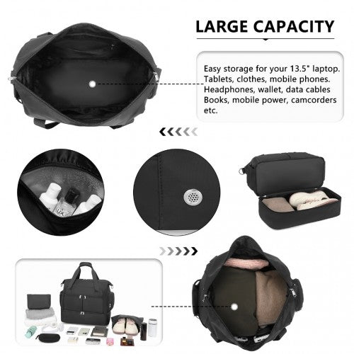 Easy Luggage EA2348 - Kono Waterproof Multi-Pocket Travel Duffel Bag Set With Dedicated Shoe Compartment - Black