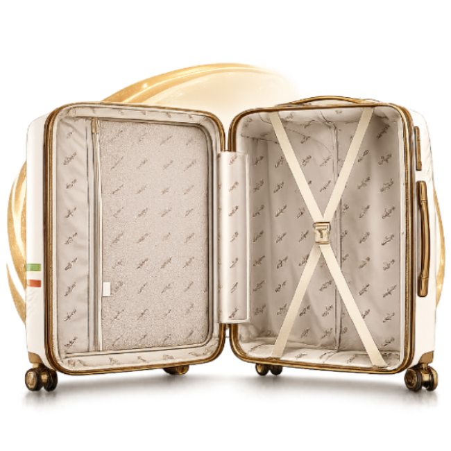 An open hard-shell suitcase shown from the front and interior side, featuring a cream-colored exterior, gold trim, and a beige patterned lining with compression straps.