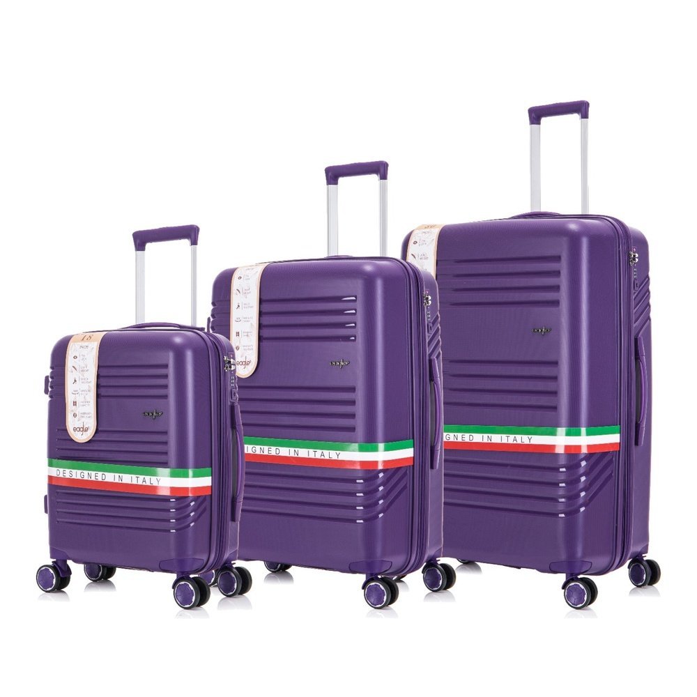 Full profile of three piece purple hard shell luggage set arranged by size with extended telescopic handles