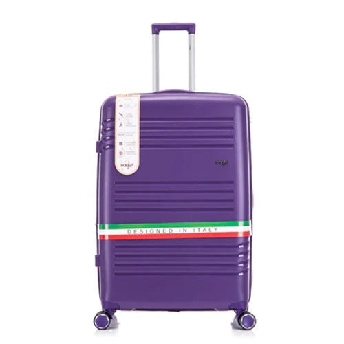 Purple expandable trolley luggage with vertical ribs, silver handle, and green white red Italy design stripe
