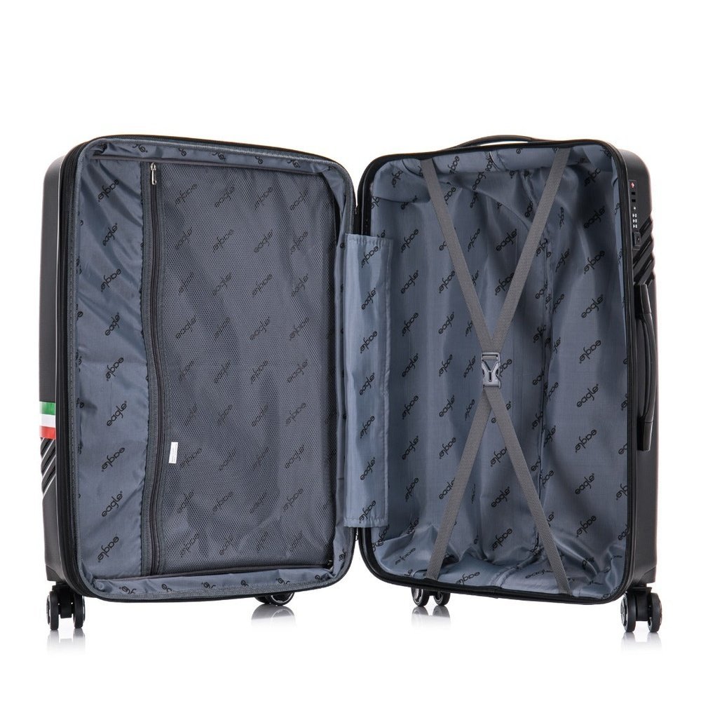 Open interior of black Eagle hard shell suitcase with mesh lining, compression straps, and zippered pockets