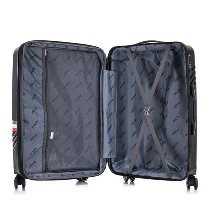 Open interior of black Eagle hard shell suitcase with mesh lining, compression straps, and zippered pockets