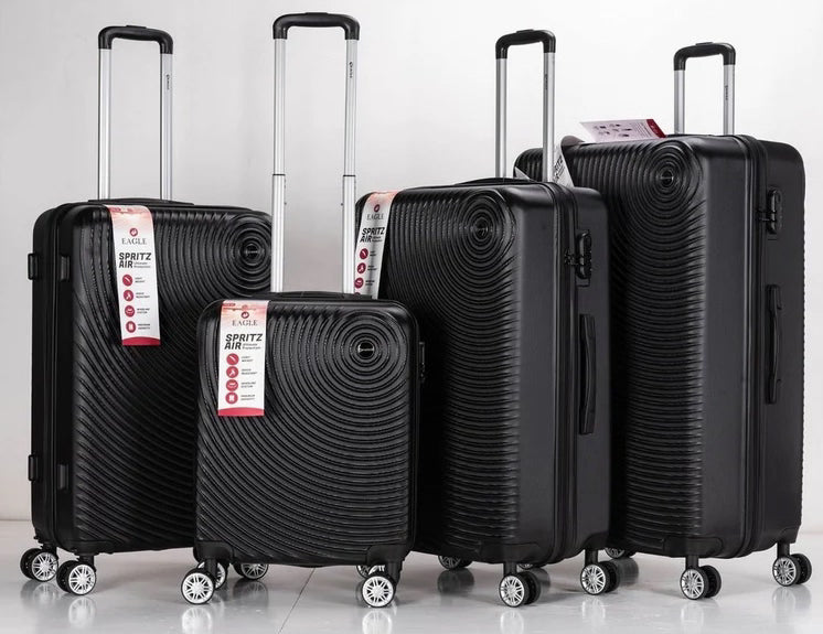 Premium black ABS suitcase with four sturdy wheels, featuring an elegant spiral design. Branded as Eagle with reference number 2020. Available at Easy Luggage.
