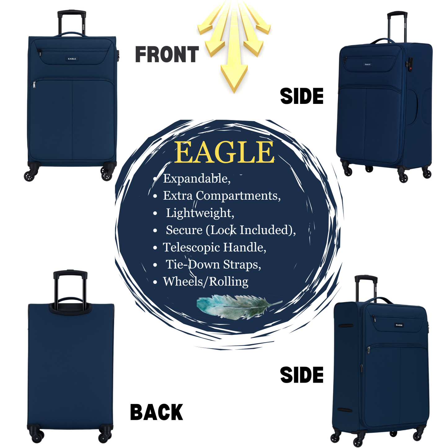 Eagle Super Lightweight 4 Wheels Spinner Soft Shell Expandable Luggage Navy