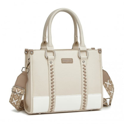 HBM2462 - Miss Lulu PU Leather Graceful Spacious Tote Bag with Woven Trim and Detachable Ethnic Strap - Beige