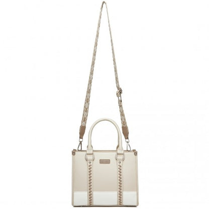 HBM2462 - Miss Lulu PU Leather Graceful Spacious Tote Bag with Woven Trim and Detachable Ethnic Strap - Beige