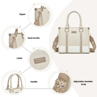 HBM2462 - Miss Lulu PU Leather Graceful Spacious Tote Bag with Woven Trim and Detachable Ethnic Strap - Beige