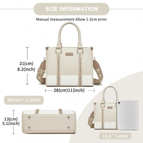 HBM2462 - Miss Lulu PU Leather Graceful Spacious Tote Bag with Woven Trim and Detachable Ethnic Strap - Beige