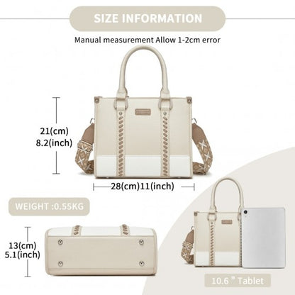 HBM2462 - Miss Lulu PU Leather Graceful Spacious Tote Bag with Woven Trim and Detachable Ethnic Strap - Beige