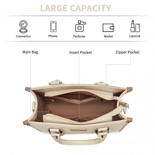 HBM2462 - Miss Lulu PU Leather Graceful Spacious Tote Bag with Woven Trim and Detachable Ethnic Strap - Beige