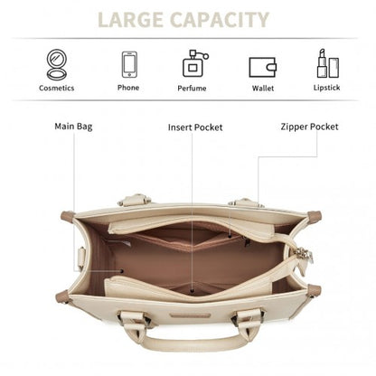 HBM2462 - Miss Lulu PU Leather Graceful Spacious Tote Bag with Woven Trim and Detachable Ethnic Strap - Beige