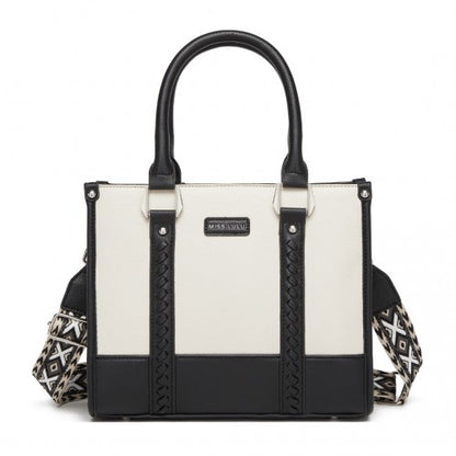 HBM2462 - Miss Lulu PU Leather Graceful Spacious Tote Bag with Woven Trim and Detachable Ethnic Strap - Black