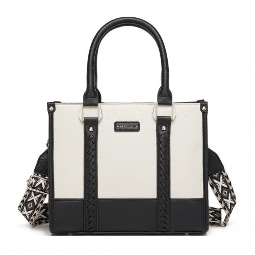 HBM2462 - Miss Lulu PU Leather Graceful Spacious Tote Bag with Woven Trim and Detachable Ethnic Strap - Black