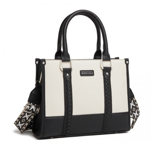 HBM2462 - Miss Lulu PU Leather Graceful Spacious Tote Bag with Woven Trim and Detachable Ethnic Strap - Black