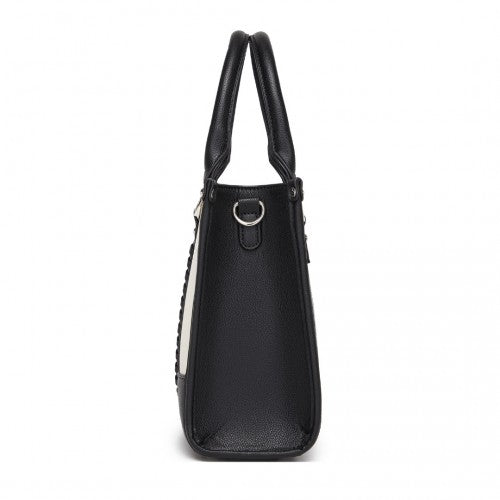 HBM2462 - Miss Lulu PU Leather Graceful Spacious Tote Bag with Woven Trim and Detachable Ethnic Strap - Black