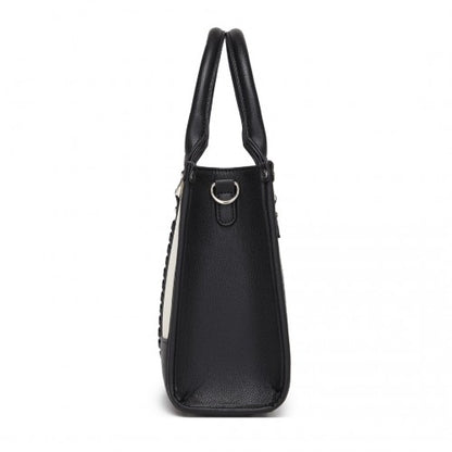 HBM2462 - Miss Lulu PU Leather Graceful Spacious Tote Bag with Woven Trim and Detachable Ethnic Strap - Black
