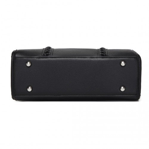 HBM2462 - Miss Lulu PU Leather Graceful Spacious Tote Bag with Woven Trim and Detachable Ethnic Strap - Black