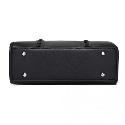 HBM2462 - Miss Lulu PU Leather Graceful Spacious Tote Bag with Woven Trim and Detachable Ethnic Strap - Black