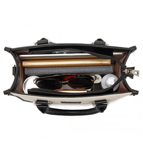 HBM2462 - Miss Lulu PU Leather Graceful Spacious Tote Bag with Woven Trim and Detachable Ethnic Strap - Black