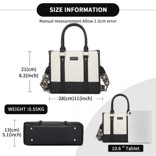 HBM2462 - Miss Lulu PU Leather Graceful Spacious Tote Bag with Woven Trim and Detachable Ethnic Strap - Black