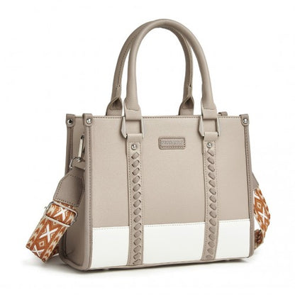 HBM2462 - Miss Lulu PU Leather Graceful Spacious Tote Bag with Woven Trim and Detachable Ethnic Strap - Khaki