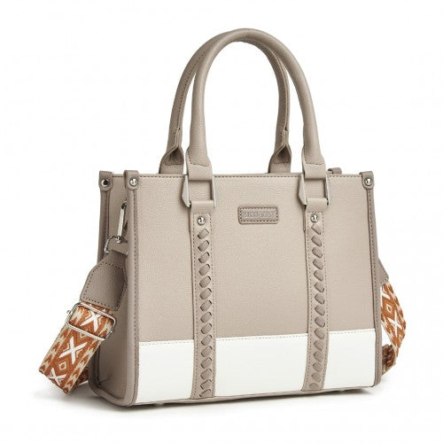 HBM2462 - Miss Lulu PU Leather Graceful Spacious Tote Bag with Woven Trim and Detachable Ethnic Strap - Khaki