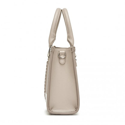 HBM2462 - Miss Lulu PU Leather Graceful Spacious Tote Bag with Woven Trim and Detachable Ethnic Strap - Khaki