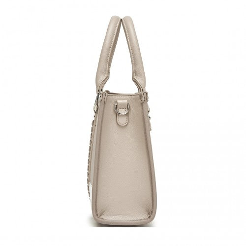 HBM2462 - Miss Lulu PU Leather Graceful Spacious Tote Bag with Woven Trim and Detachable Ethnic Strap - Khaki