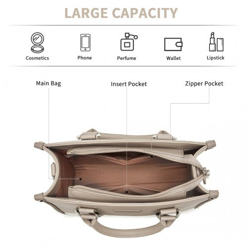 HBM2462 - Miss Lulu PU Leather Graceful Spacious Tote Bag with Woven Trim and Detachable Ethnic Strap - Khaki