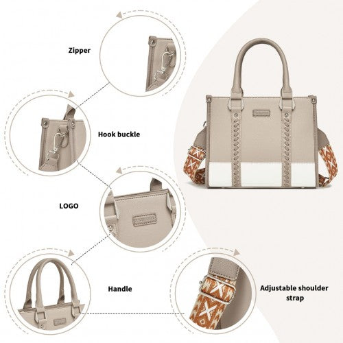HBM2462 - Miss Lulu PU Leather Graceful Spacious Tote Bag with Woven Trim and Detachable Ethnic Strap - Khaki