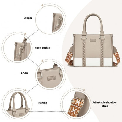 HBM2462 - Miss Lulu PU Leather Graceful Spacious Tote Bag with Woven Trim and Detachable Ethnic Strap - Khaki