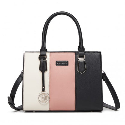 HBM2463 - MISS LULU PU Leather Three-Tone Stitched Shoulder Handbag - Stylish Daily Bag with Adjustable Strap - Pink
