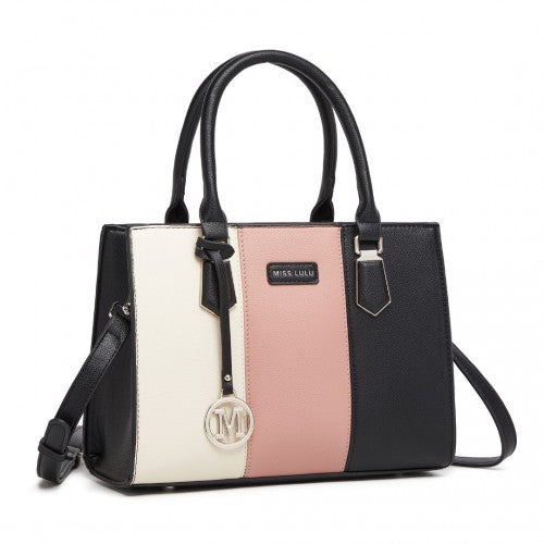 HBM2463 - MISS LULU PU Leather Three-Tone Stitched Shoulder Handbag - Stylish Daily Bag with Adjustable Strap - Pink