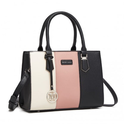 HBM2463 - MISS LULU PU Leather Three-Tone Stitched Shoulder Handbag - Stylish Daily Bag with Adjustable Strap - Pink