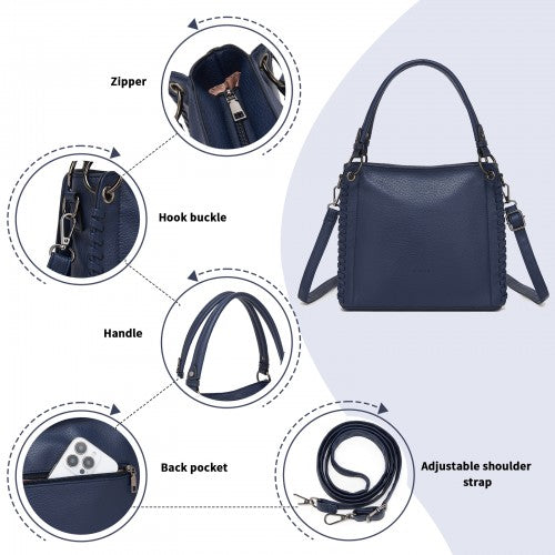 HBM2509 - Miss Lulu Textured PU Leather Crossbody Handbag with Woven Accents for Women - Navy