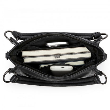 HBM2509 - Miss Lulu Textured PU Leather Crossbody Handbag with Woven Accents for Women - Black