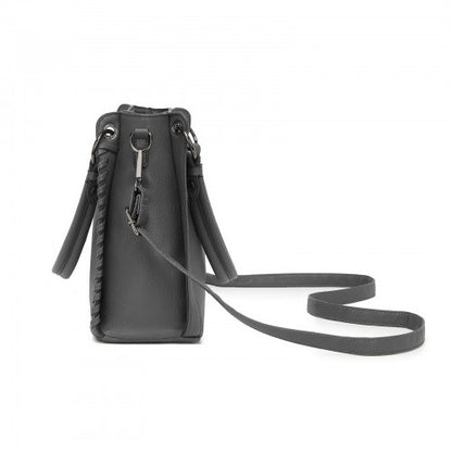 HBM2509 - Miss Lulu Textured PU Leather Crossbody Handbag with Woven Accents for Women - Grey