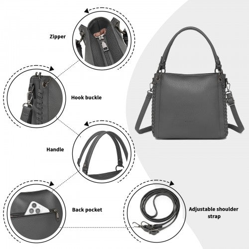 HBM2509 - Miss Lulu Textured PU Leather Crossbody Handbag with Woven Accents for Women - Grey