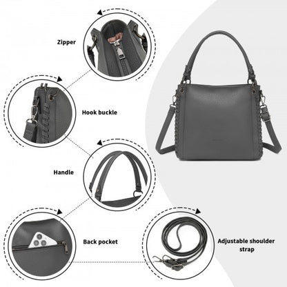 HBM2509 - Miss Lulu Textured PU Leather Crossbody Handbag with Woven Accents for Women - Grey