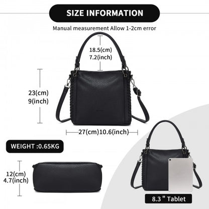 HBM2509 - Miss Lulu Textured PU Leather Crossbody Handbag with Woven Accents for Women - Black