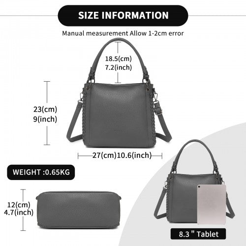 HBM2509 - Miss Lulu Textured PU Leather Crossbody Handbag with Woven Accents for Women - Grey