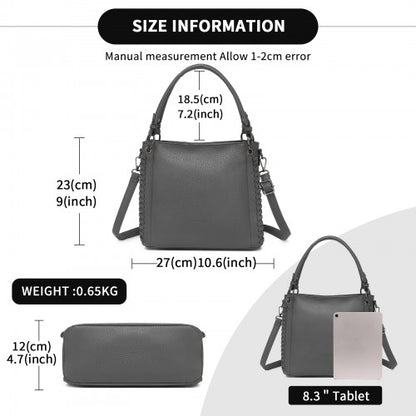 HBM2509 - Miss Lulu Textured PU Leather Crossbody Handbag with Woven Accents for Women - Grey