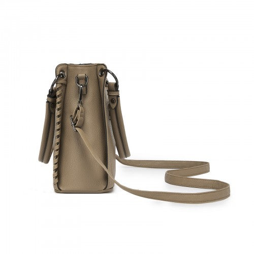 HBM2509 - Miss Lulu Textured PU Leather Crossbody Handbag with Woven Accents for Women - Khaki