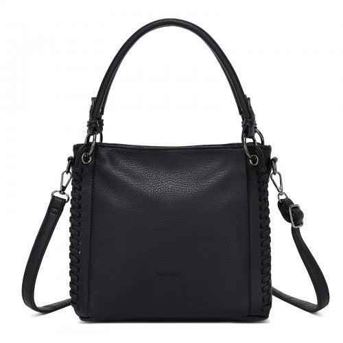 HBM2509 - Miss Lulu Textured PU Leather Crossbody Handbag with Woven Accents for Women - Black