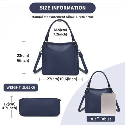 HBM2509 - Miss Lulu Textured PU Leather Crossbody Handbag with Woven Accents for Women - Navy