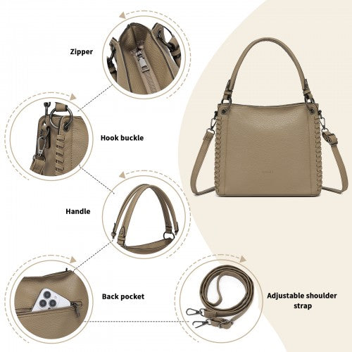 HBM2509 - Miss Lulu Textured PU Leather Crossbody Handbag with Woven Accents for Women - Khaki