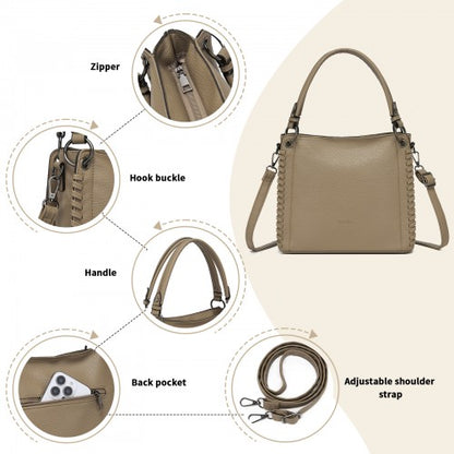 HBM2509 - Miss Lulu Textured PU Leather Crossbody Handbag with Woven Accents for Women - Khaki