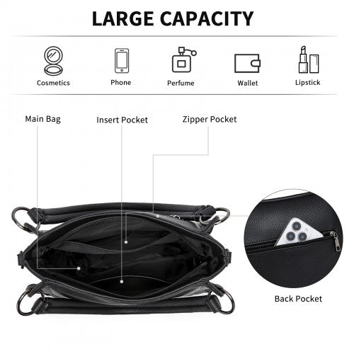 HBM2509 - Miss Lulu Textured PU Leather Crossbody Handbag with Woven Accents for Women - Black