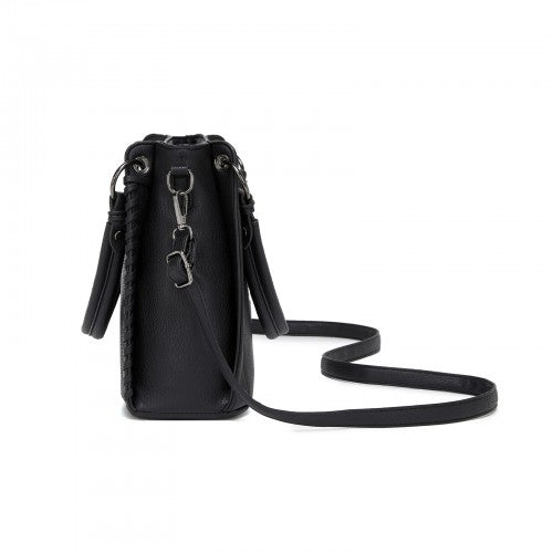 HBM2509 - Miss Lulu Textured PU Leather Crossbody Handbag with Woven Accents for Women - Black